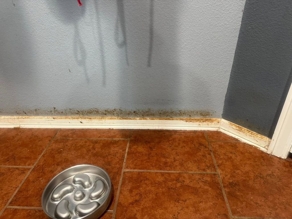 White baseboards before cleaning with buildup along the wall and tile floor