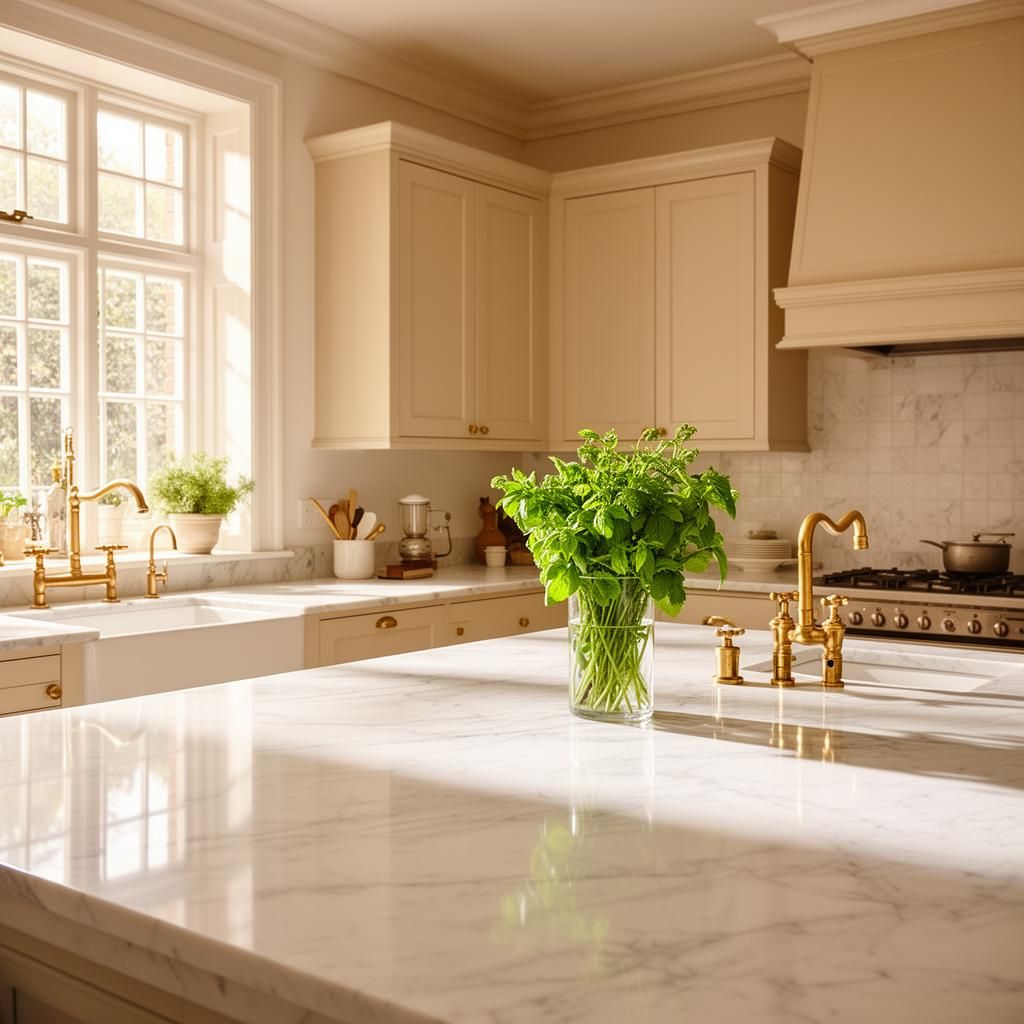 Kitchen with pale cabinets, a wide island and stone counters